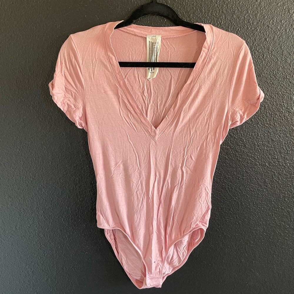 Free People Pink V-Neck Bodysuit